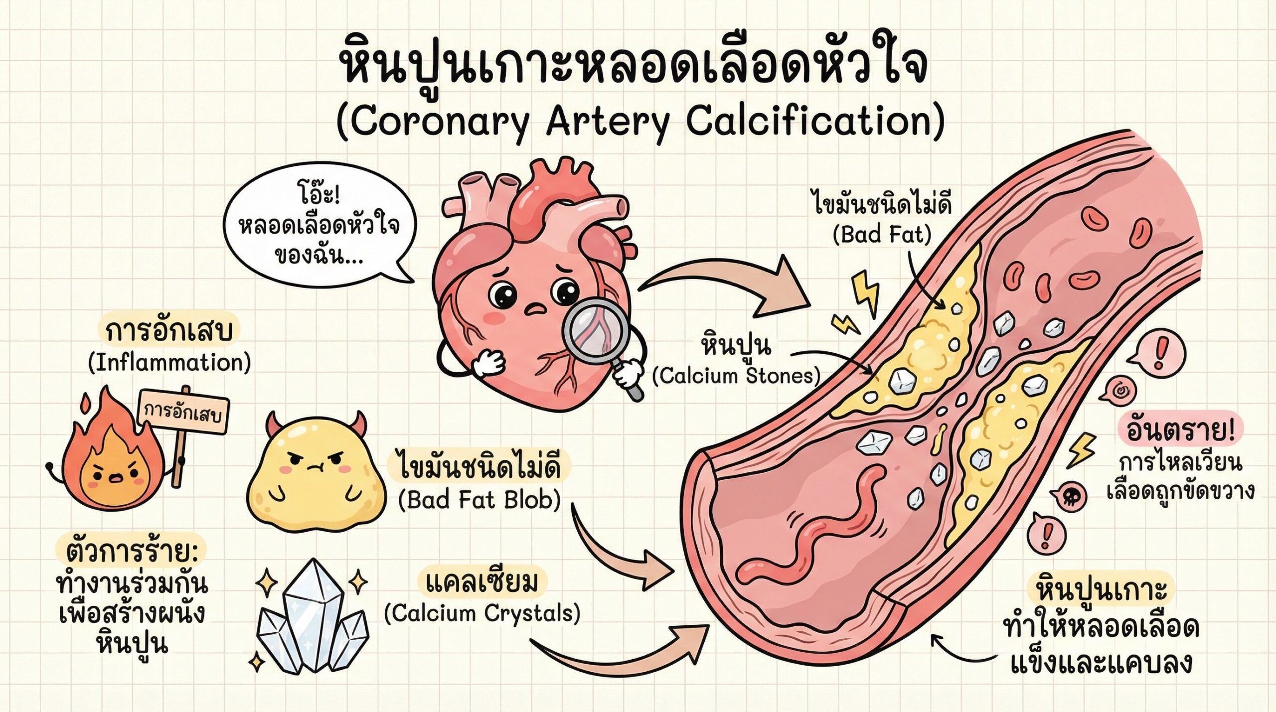 หินปูนเกาะหลอดเลือดหัวใจ (Coronary Artery Calcification) และแผนผังการอุดตันของหลอดเลือดหัวใจ